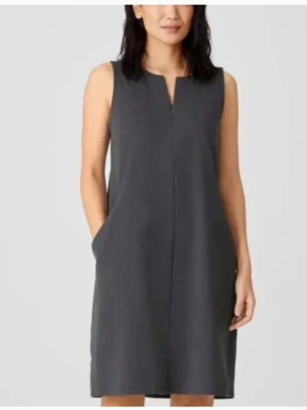 Eileen Fisher Zip-Up Dress, Steel Grey, Pullover, Stretches, Pockets, Large